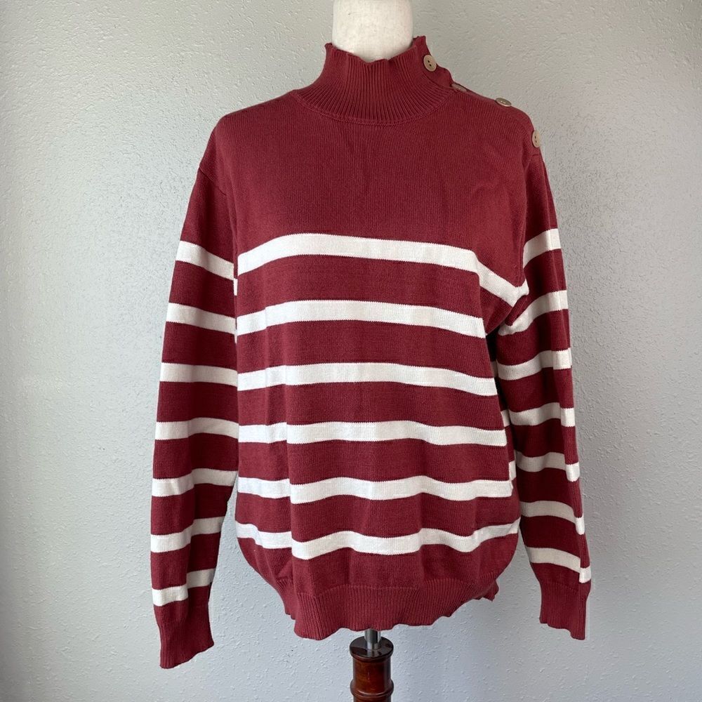 Maroon and White Striped Mock Neck Sweater Size L EUC